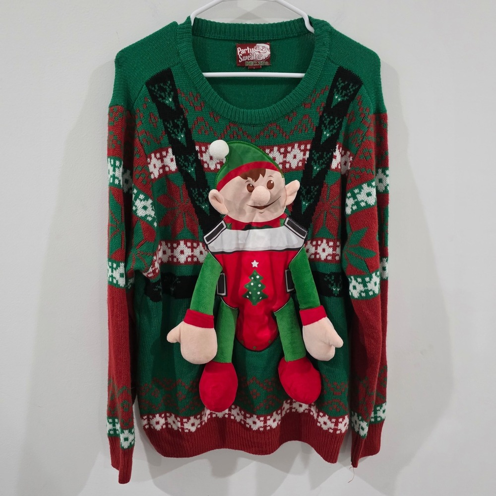 Womens Ugly Christmas Sweater Size Large Green 3D Plush Elf Holiday Fair Isle
